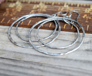 Hammered Silver Hoop Earrings Fine Silver Double Ring