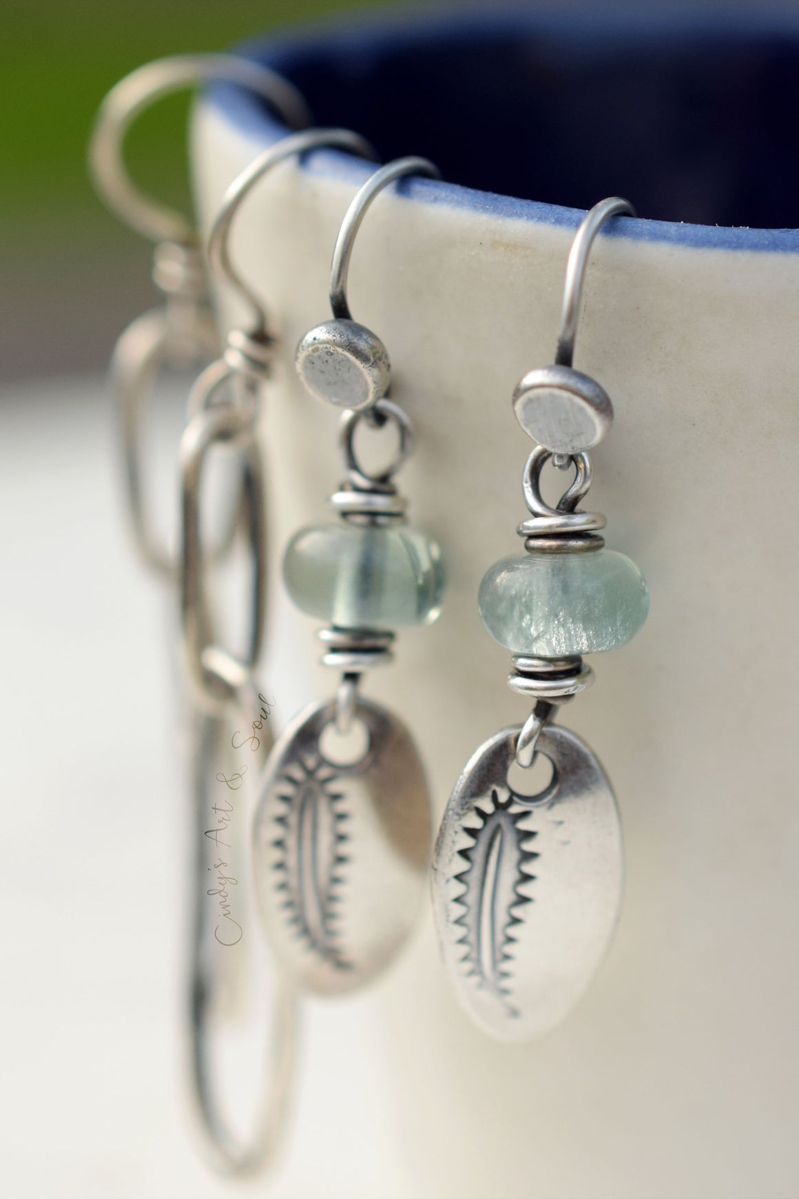 Sea-Glass Green Fluorite Gemstone Earrings with Fine Silver Leaf Charms. Handcrafted.