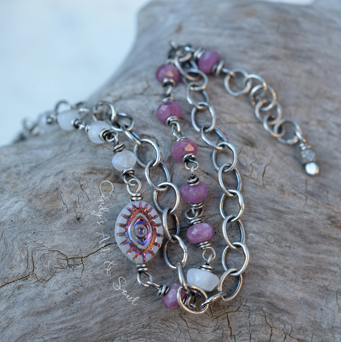 Ruby and Moonstone Eye Bracelet Fine Silver