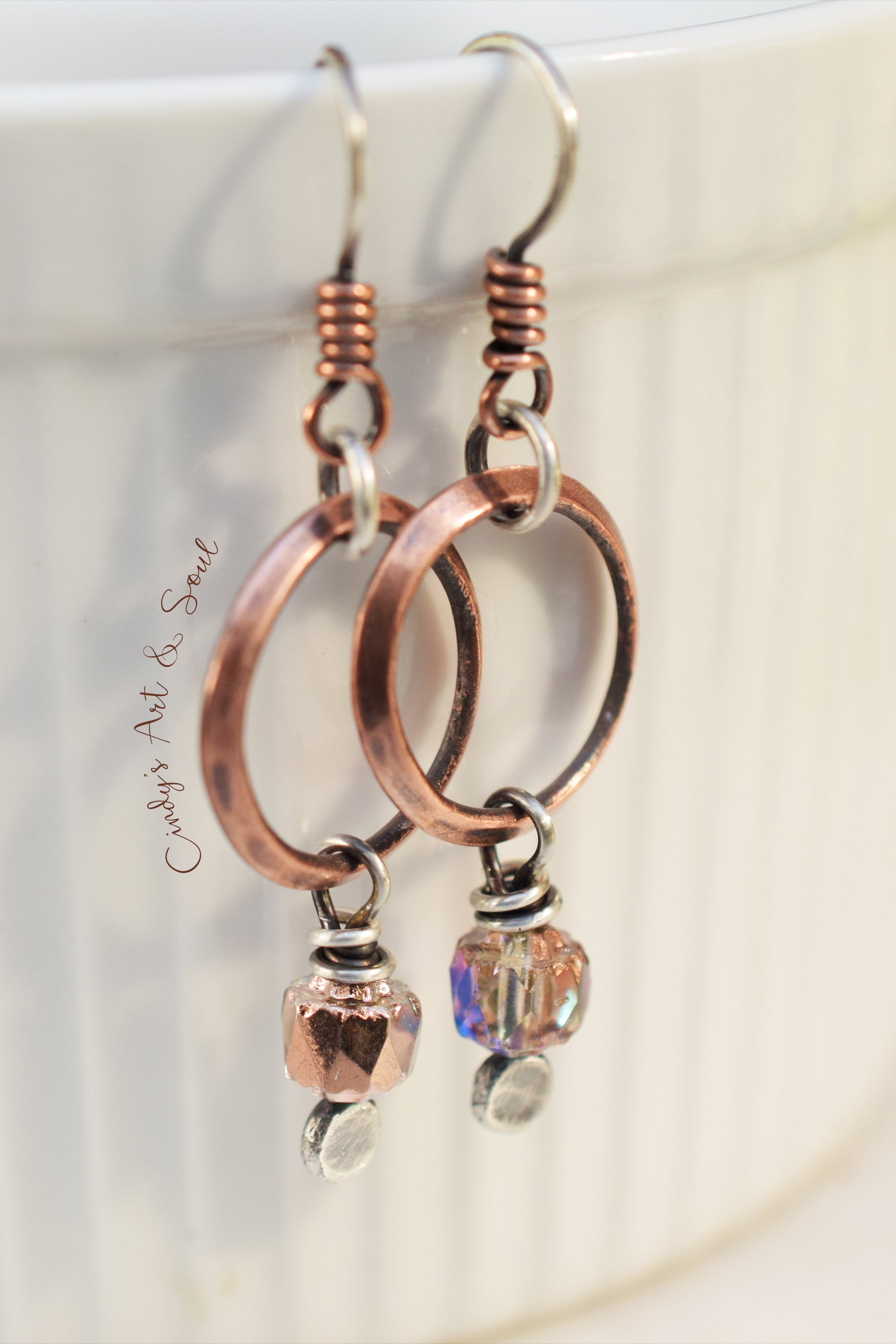 Pure Copper Hoop Earrings, Copper Pink Czech Glass Dangles