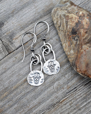 Hamsa Hand Amulet Earrings. 999 Pure Fine Silver Charm Earrings. Cindy's Art and Soul Jewelry. 19523