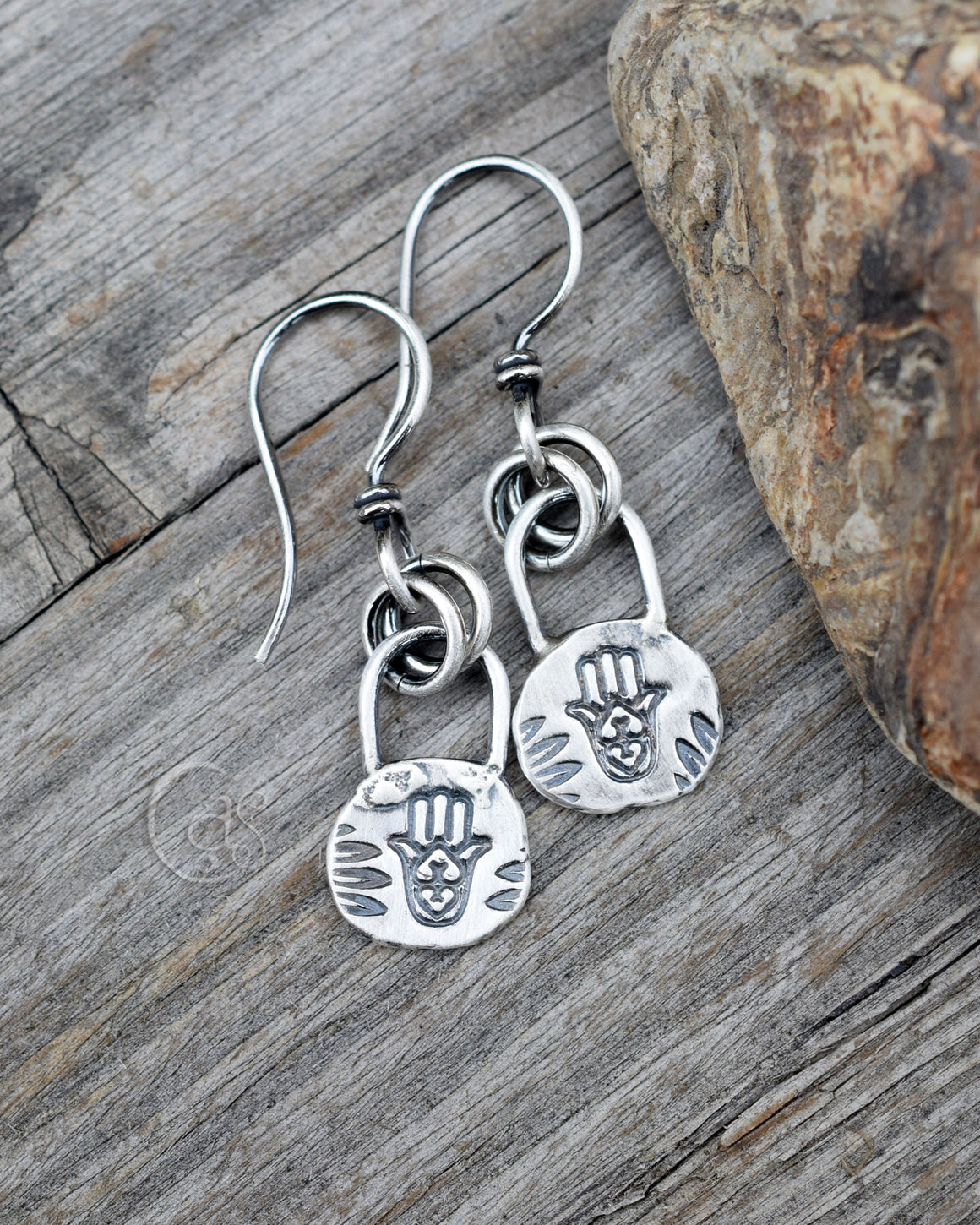 Hamsa Hand Amulet Earrings. 999 Pure Fine Silver Charm Earrings. Cindy's Art and Soul Jewelry. 19523