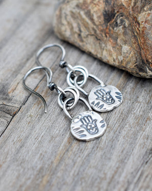 Hamsa Hand Amulet Earrings. 999 Pure Fine Silver Charm Earrings. Cindy's Art and Soul Jewelry. 19523