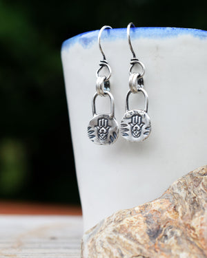 Hamsa Hand Amulet Earrings. 999 Pure Fine Silver Charm Earrings. Cindy's Art and Soul Jewelry. 19523