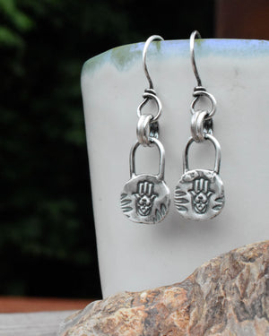 Hamsa Hand Amulet Earrings. 999 Pure Fine Silver Charm Earrings. Cindy's Art and Soul Jewelry. 19523