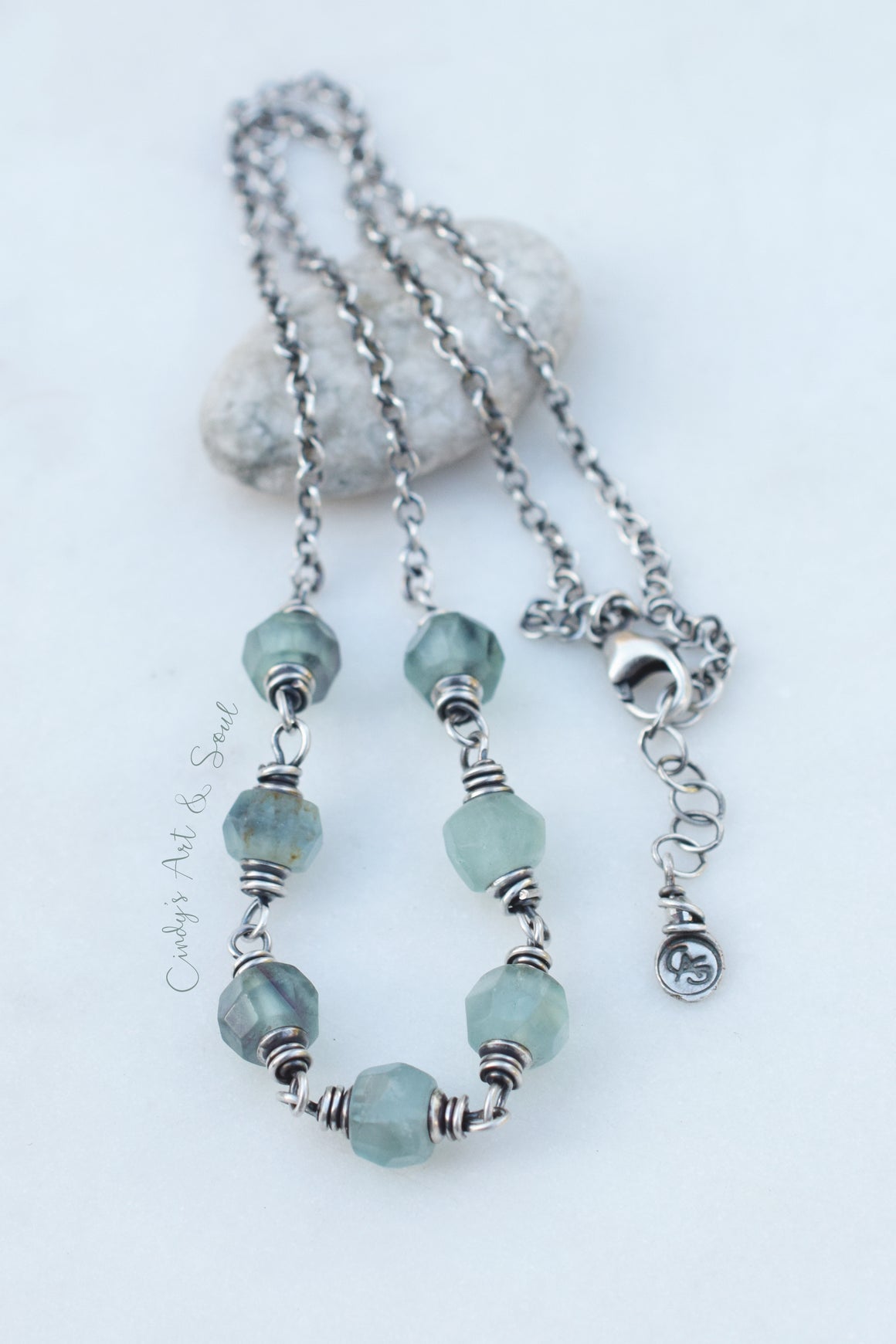 Aqua Green Fluorite Necklace, Faceted Gemstones Wrapped In Fine Silver