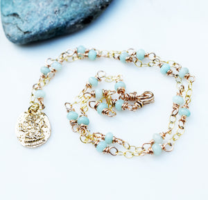 Ganesh Necklace. Pale Blue Amazonite Gemstone Jewelry. Golden Bronze Beaded Chain. Cindy's Art and Soul Jewelry. 99231