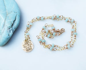 Ganesh Necklace. Pale Blue Amazonite Gemstone Jewelry. Golden Bronze Beaded Chain. Cindy's Art and Soul Jewelry. 99231