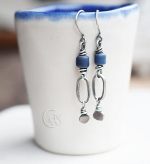 Cobalt Blue Glass Earrings with Pure Silver Hoops. 111323