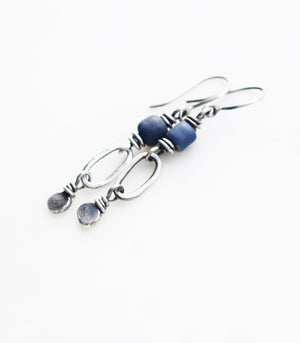 Handcrafted Silver Earrings. Hoops Handmade Hoop Earrings Blue Beaded Earrings