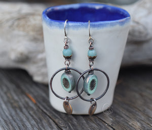 Blue Gemstone Earrings. Handmade Rustic Hoop Earrings. Golden Rust Hoops. Amazonite Stones. 11253A