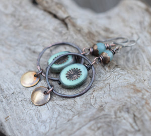 Blue Gemstone Earrings. Handmade Rustic Hoop Earrings. Golden Rust Hoops. Amazonite Stones. 11253A