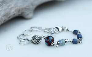 Fine Silver. Beaded Glass and Stone Bracelet. Dark Blue + Oxblood Red. Hill Tribe Silver. 11923