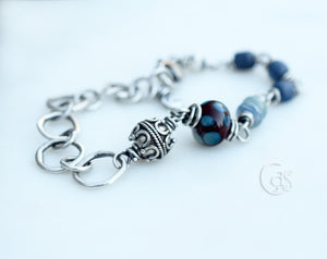 Fine Silver. Beaded Glass and Stone Bracelet. Dark Blue + Oxblood Red. Hill Tribe Silver. 11923