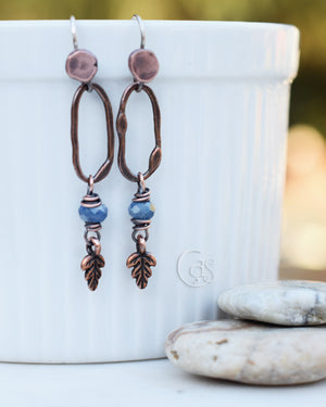 Natural Blue Sapphire Hoops. Pure Copper. Leaf Earrings. Sterling Silver