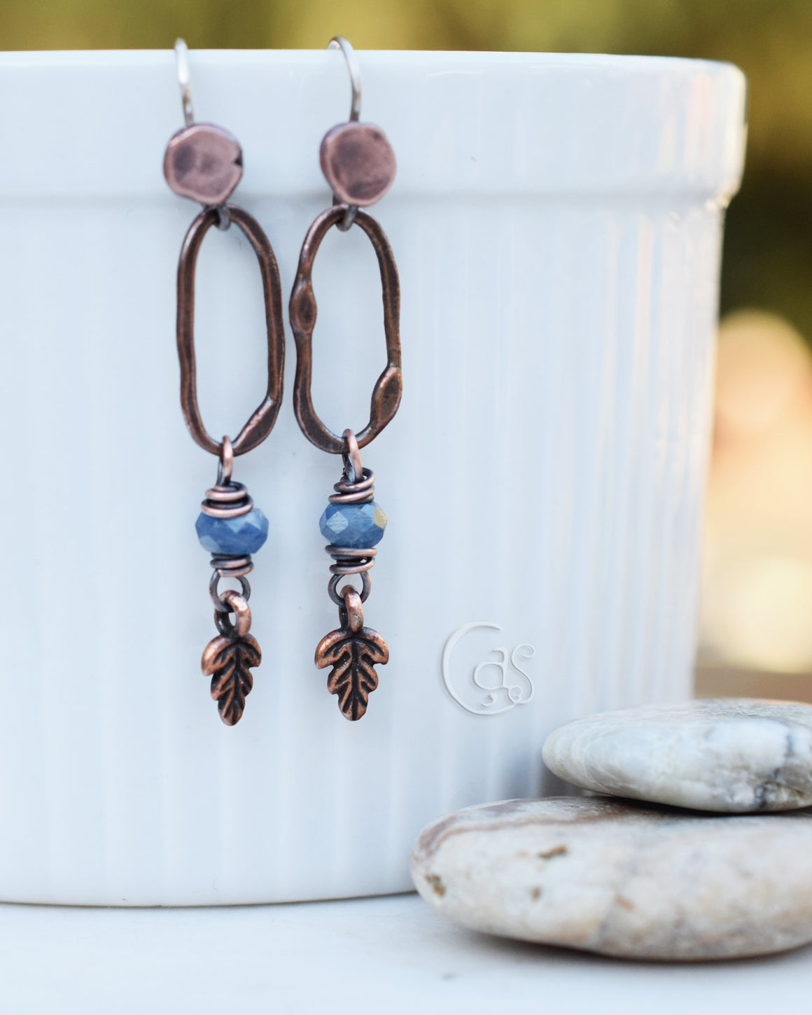 Natural Blue Sapphire Hoops. Pure Copper. Leaf Earrings. Sterling Silver