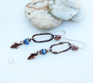 Natural Blue Sapphire Hoops. Pure Copper. Leaf Earrings. Sterling Silver