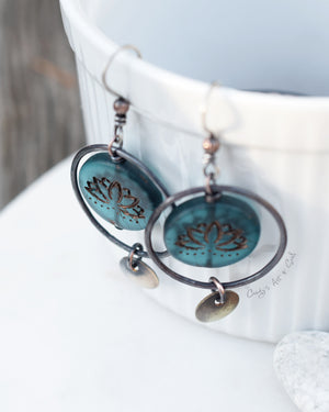 RESERVED - Boho Style Teal Lotus Hoops Pure Copper