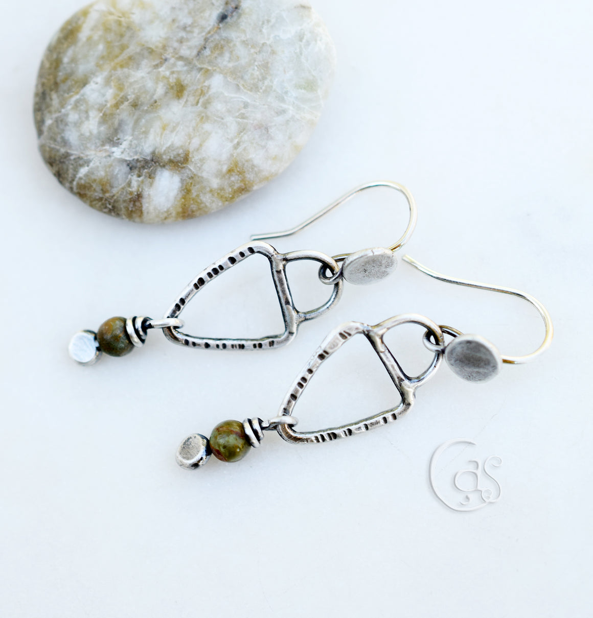 Green Jasper Earrings with Fine Silver Triangle Charms, Handcrafted