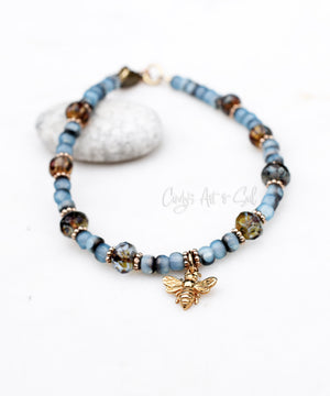 RESERVED FOR K.O. | Golden Bronze Bee Charm Bracelet. Handmade. Bronze and Czech Glass Beaded Charm Bracelet. Handcrafted Boho-Style Jewelry.