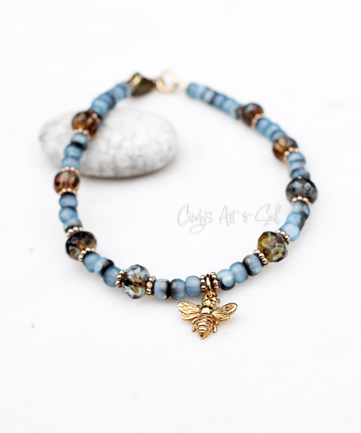 RESERVED FOR K.O. | Golden Bronze Bee Charm Bracelet. Handmade. Bronze and Czech Glass Beaded Charm Bracelet. Handcrafted Boho-Style Jewelry.