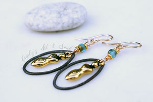 Handcrafted Gold Goddess Earrings. Bohemian Style Golden Blue Czech Glass Beaded Handmade Hoops. Gold Fill Ear Wires.