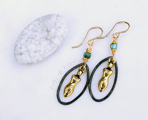 Handcrafted Gold Goddess Earrings. Bohemian Style Golden Blue Czech Glass Beaded Handmade Hoops. Gold Fill Ear Wires.