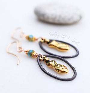 Handcrafted Gold Goddess Earrings. Bohemian Style Golden Blue Czech Glass Beaded Handmade Hoops. Gold Fill Ear Wires.
