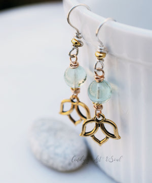 Blue Fluorite Stone Earrings. Handcrafted Boho Style Lotus Earrings. Golden Lotus Charm. Shimmering Gold Jewelry.