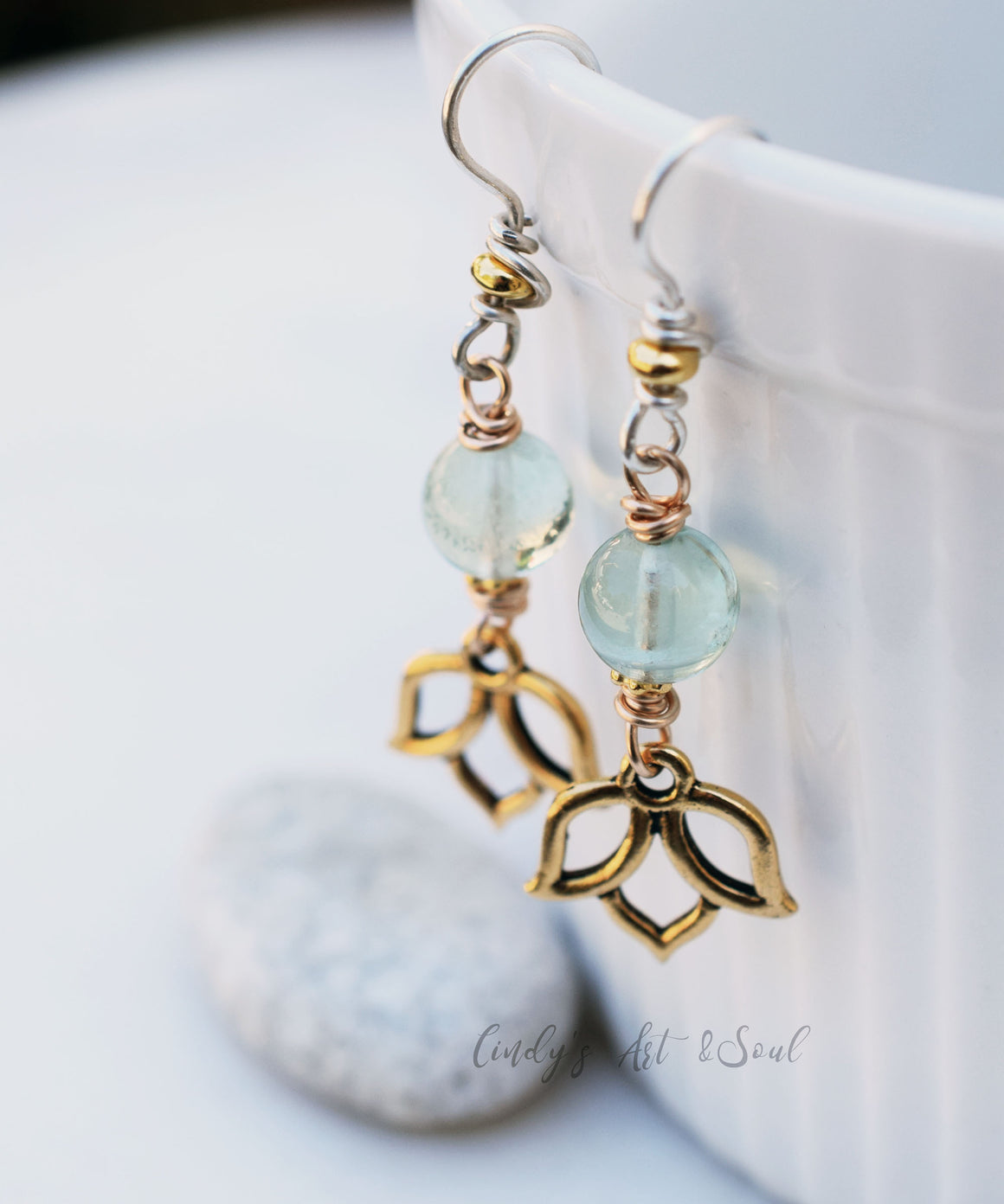 Blue Fluorite Stone Earrings. Handcrafted Boho Style Lotus Earrings. Golden Lotus Charm. Shimmering Gold Jewelry.
