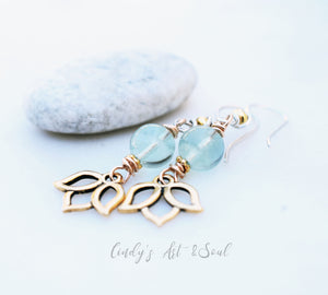 Blue Fluorite Stone Earrings. Handcrafted Boho Style Lotus Earrings. Golden Lotus Charm. Shimmering Gold Jewelry.