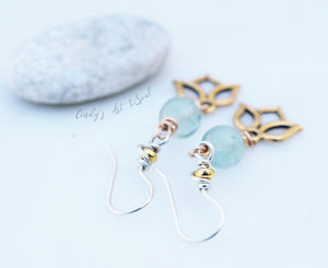 Blue Fluorite Stone Earrings. Handcrafted Boho Style Lotus Earrings. Golden Lotus Charm. Shimmering Gold Jewelry.