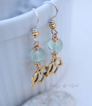 Blue Fluorite Stone Earrings. Handcrafted Boho Style Lotus Earrings. Golden Lotus Charm. Shimmering Gold Jewelry.