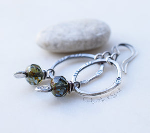 Rustic Boho-Style Silver Beaded Hoop Earrings. Blue Gray Faceted Bead Dangles.