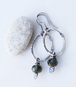Rustic Boho-Style Silver Beaded Hoop Earrings. Blue Gray Faceted Bead Dangles.