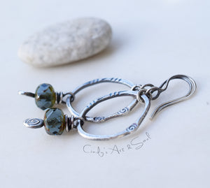 Rustic Boho-Style Silver Beaded Hoop Earrings. Blue Gray Faceted Bead Dangles.