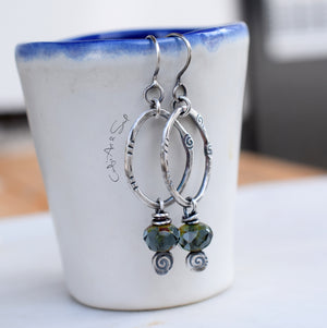 Rustic Boho-Style Silver Beaded Hoop Earrings. Blue Gray Faceted Bead Dangles.