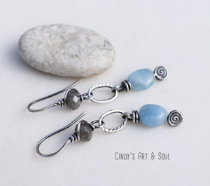 Aquamarine Stone Earrings.Handcrafted Silver Gemstone Earrings. Boho-Style Jewelry. Fine Silver Earrings.