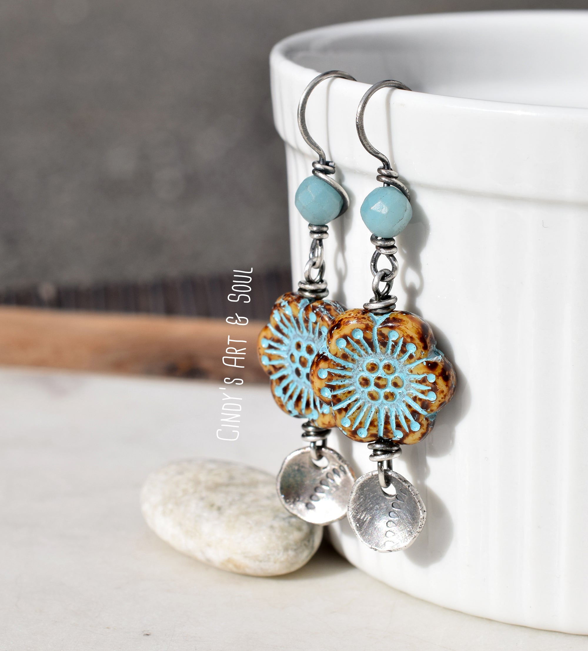 Amazonite Flower Earrings, Sterling Silver, Czech Glass Wild Rose, Fine Silver Dangles, Blue Spring Earrings, Handmade Jewelry