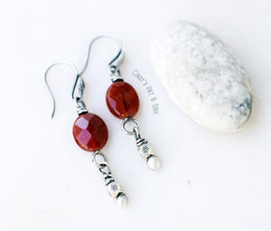 Handcrafted Bohemian Style Earrings. Carnelian Handcrafted Burnt Orange Gemstone Earrings. Rusty Orange Faceted Stone Jewelry. Hill Tribe Pure Silver Beaded Dangles.