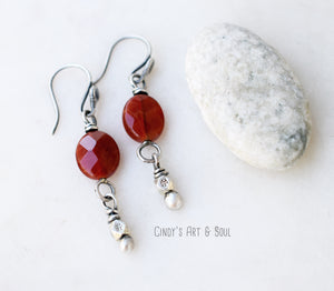 Handcrafted Bohemian Style Earrings. Carnelian Handcrafted Burnt Orange Gemstone Earrings. Rusty Orange Faceted Stone Jewelry. Hill Tribe Pure Silver Beaded Dangles.