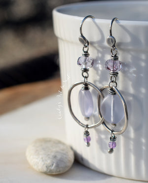 Silver Hoop Earrings with Amethyst Gemstones. Sterling Silver Handcrafted Purple Czech Glass Earrings.