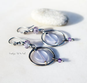 Silver Hoop Earrings with Amethyst Gemstones. Sterling Silver Handcrafted Purple Czech Glass Earrings.