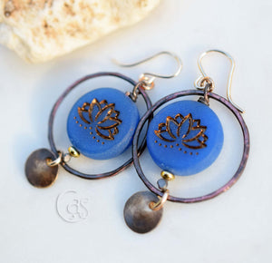 Golden Bronze Lotus Hoops Hoop Earrings Handcrafted Gold Bronze and Copper Dangles