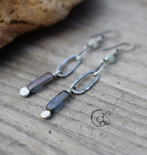 Aquamarine Gemstone Earrings. Long Hoop Earrings. Fine Silver. Sterling Silver. Blue and Green Jewelry.