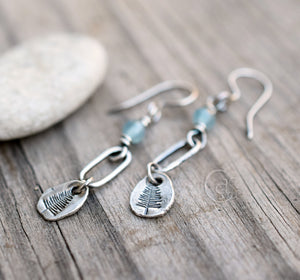 Fine Silver Aquamarine Gemstone Earrings. Into the Forest. Tree Charm Dainty Hoop Earrings.