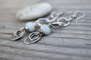 Aquamarine Gemstone Earrings. Long Hoops. Handcrafted Silver Hoop Earrings.