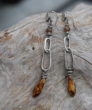 Earthy Long Hoops. Handcrafted Fine Silver. Jasper Stones. Leopard Glass Daggers.