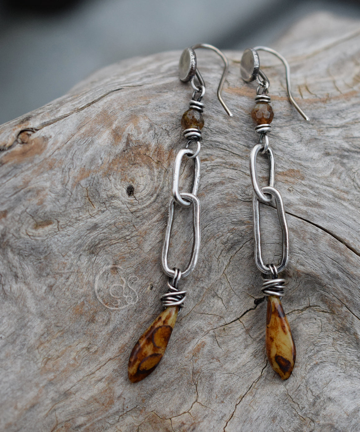 Earthy Long Hoops. Handcrafted Fine Silver. Jasper Stones. Leopard Glass Daggers.