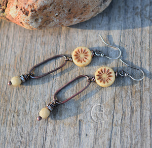 Handcrafted Bronze Flower Hoop Earrings. Bohemian Style Sparkling Cream Czech Glass Beaded Handmade Copper Hoops. Bohemian Style Jewelry.